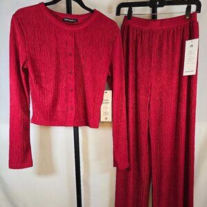 Love Poem Red Ribbed Button-Front Top & Wide-Leg Pants Set